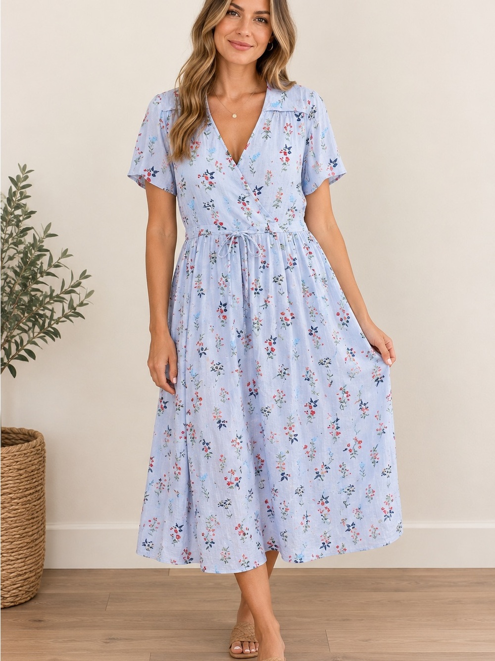 Christy Dawn Dawn Midi Dress in Blue Floral Print Short Sleeves Tie Waist